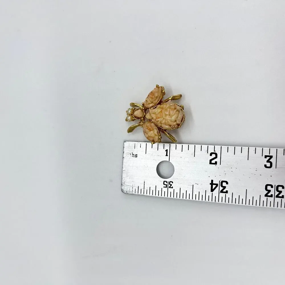 Vintage Chip Stone Bee Brooch Pin Coral Pink Gold Tone Figural Costume Jewelry
